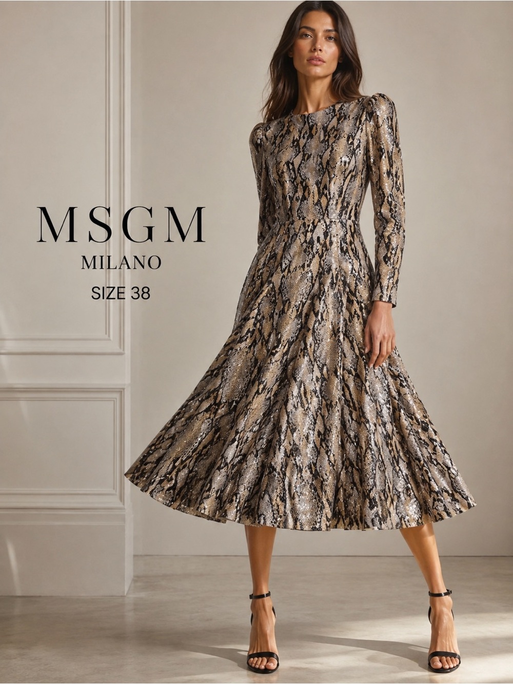 MSGM Snake-Print Midi Dress in Taupe and Black